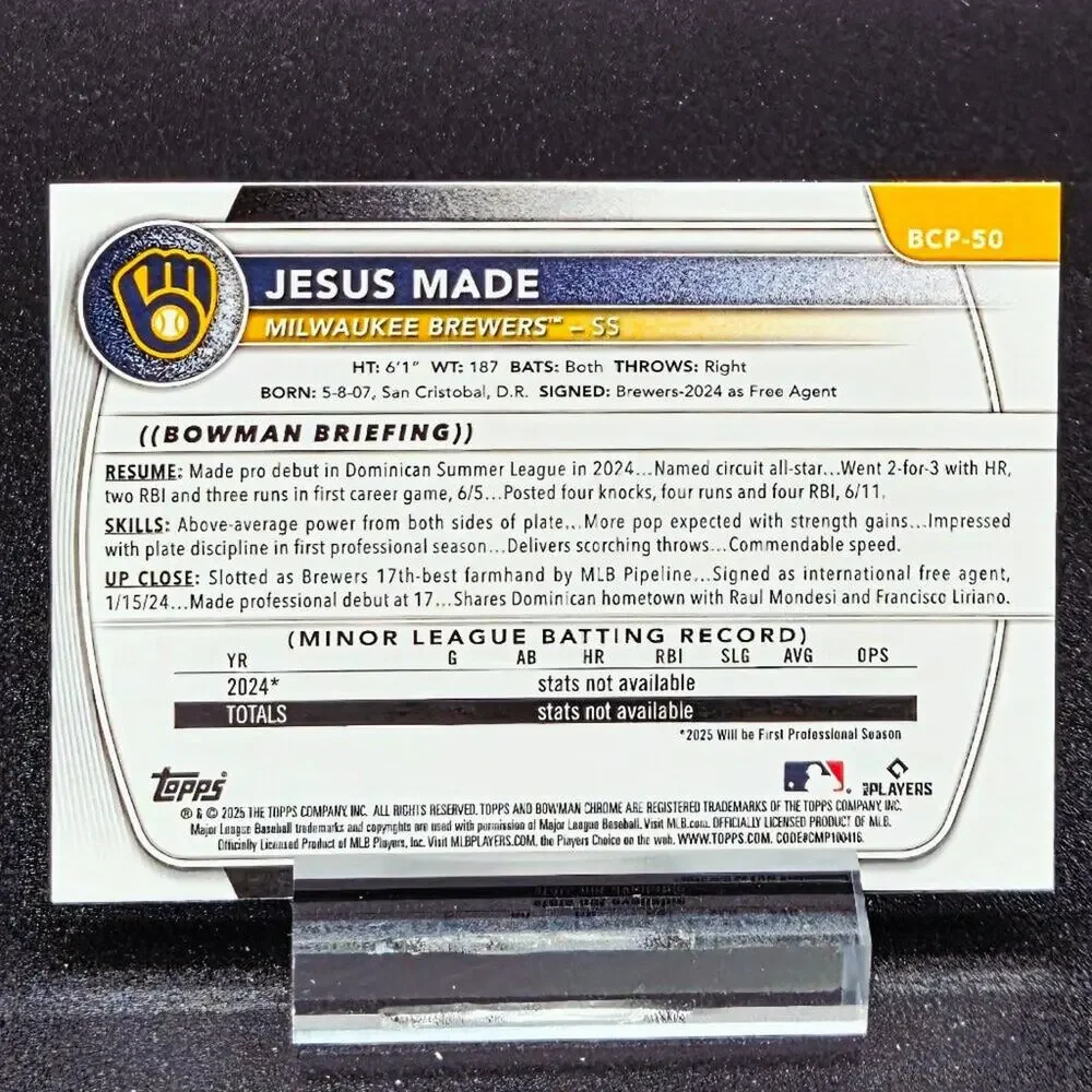 2025 Jesus Made Bowman Chrome Crusade RC's Milwaukee Brewers Top Prospect - Picture 3 of 7